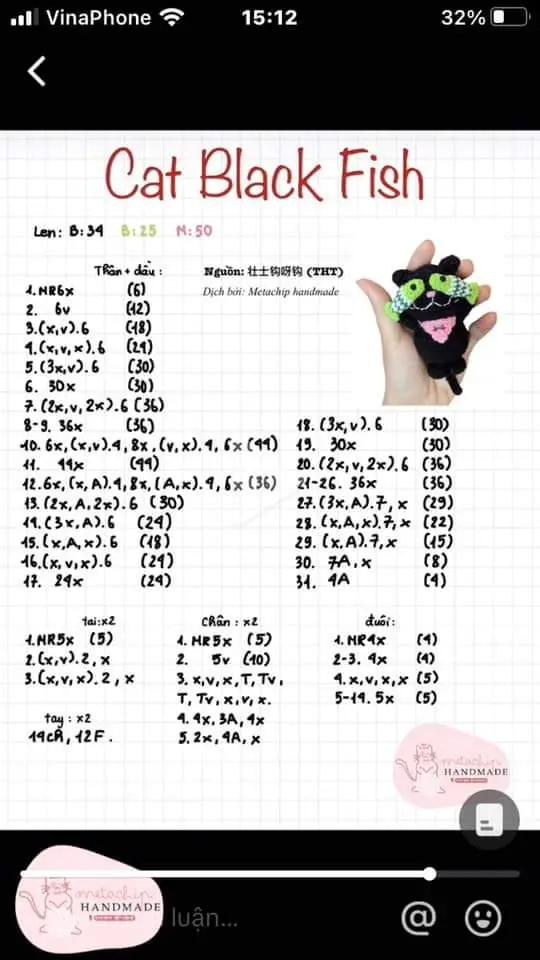 Hướng dẫn móc len Mèo đen cá chép - Chart chi tiết từng hàng