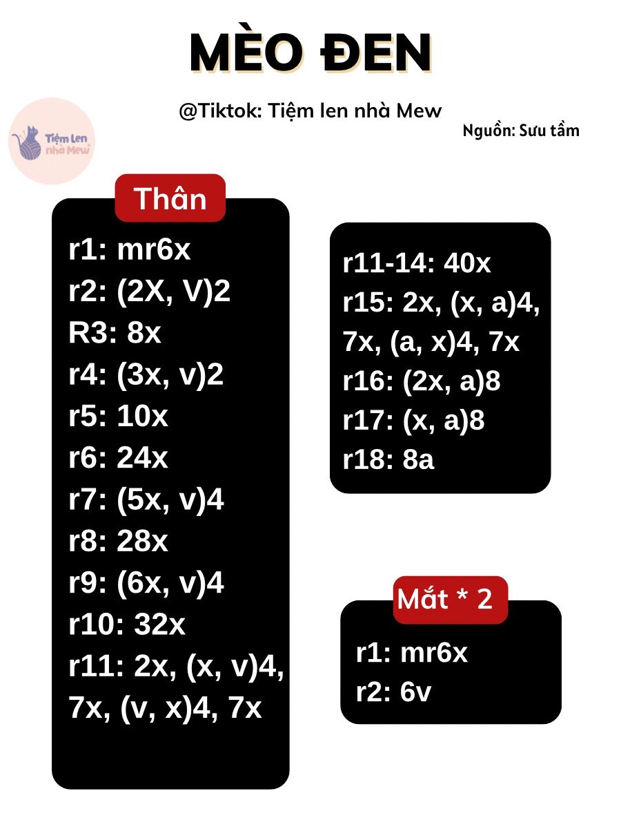 Hướng dẫn móc len Mèo đen - Chart thân và mắt
