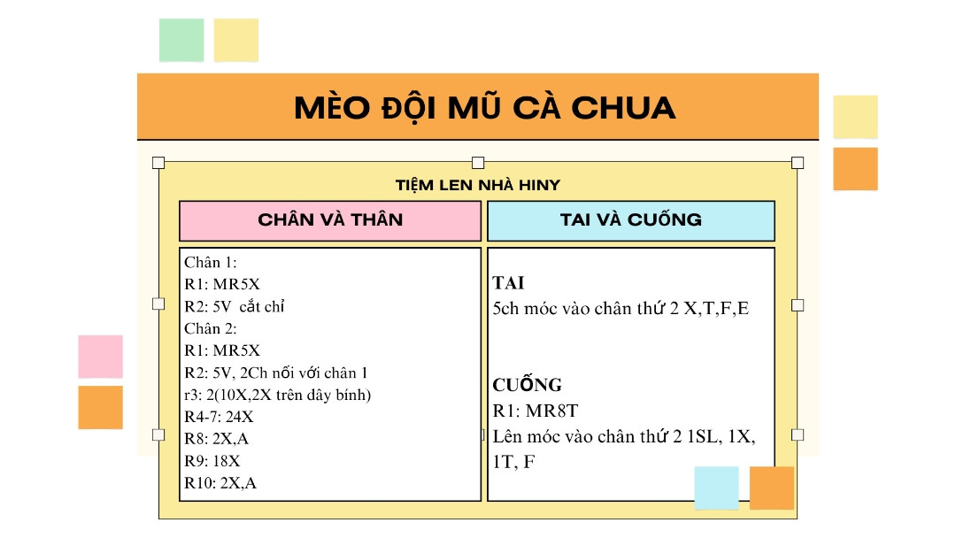 Hướng dẫn móc len Mèo đội mũ cà chua dễ thương, chart chi tiết từng bước cho chân thân tai cuống