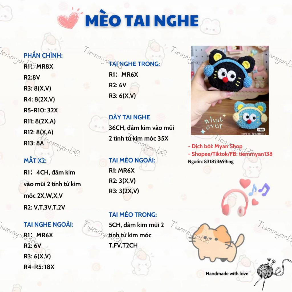 Hướng dẫn móc len Mèo Tai Nghe dễ thương, chart chi tiết phần chính và tai nghe