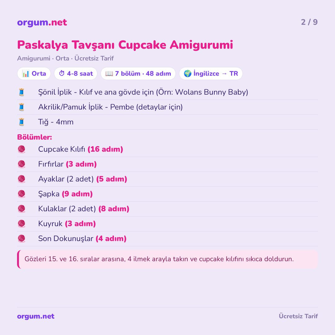 Hướng dẫn móc len miễn phí búp bê thỏ hình bánh cupcake Paskalya Tavşanı Cupcake Amigurumi