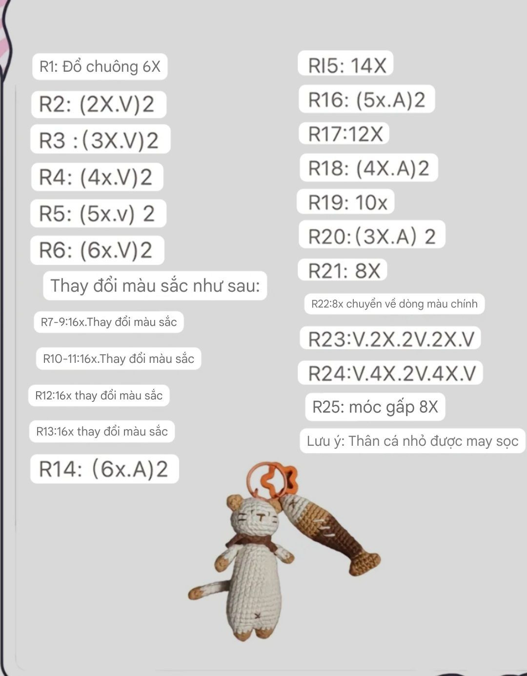 Hướng dẫn móc len Móc khóa Mèo Cá dễ thương