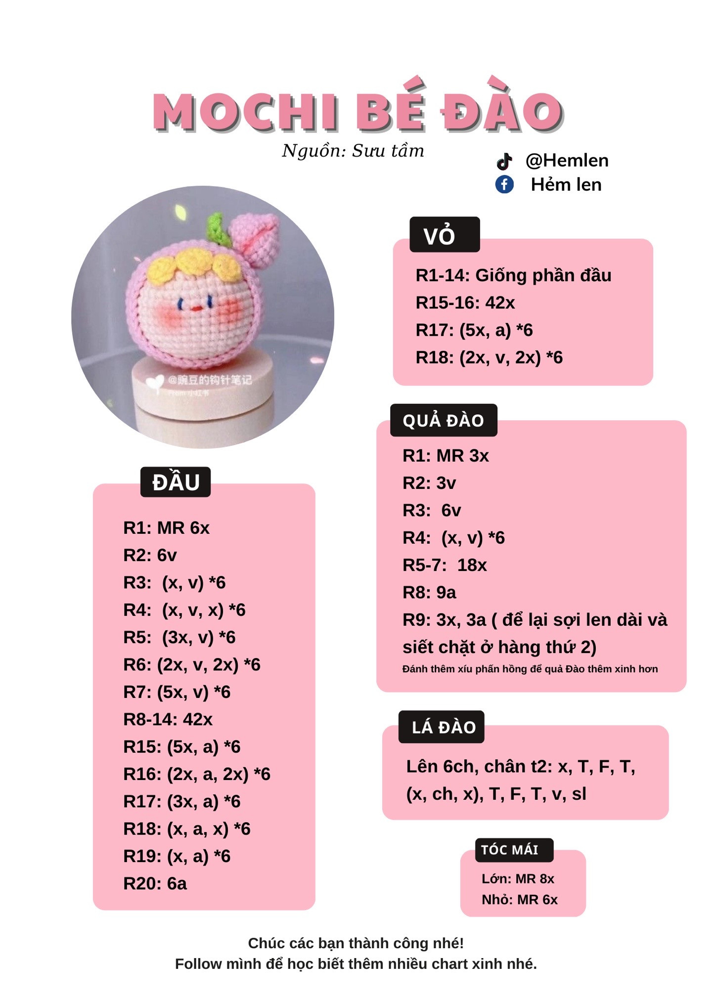 Hướng dẫn móc len Mochi Bé Đào dễ thương