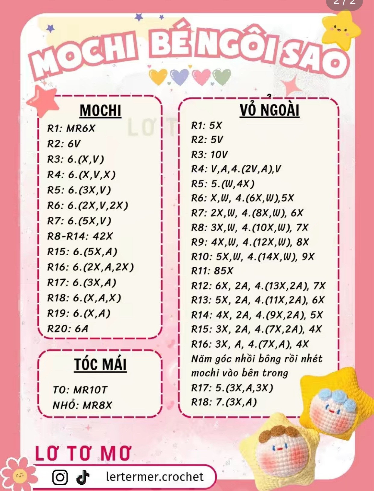 Hướng dẫn móc len Mochi Bé Ngồi Sao - Chart chi tiết từng hàng