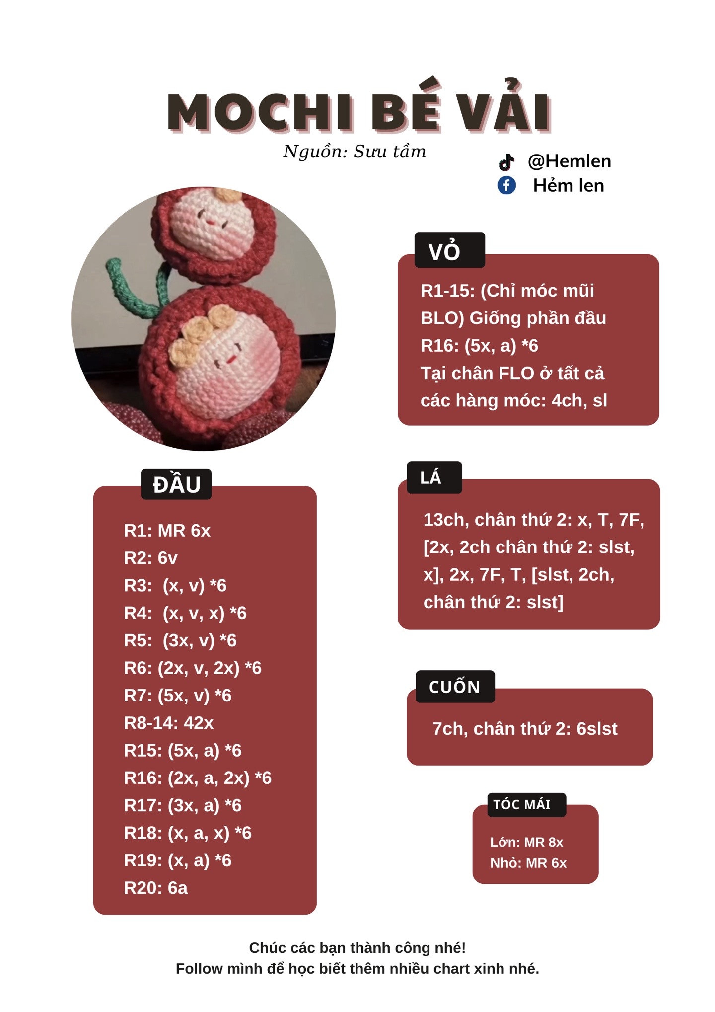 Hướng dẫn móc len Mochi Bé Vải dễ thương, chart chi tiết từng phần