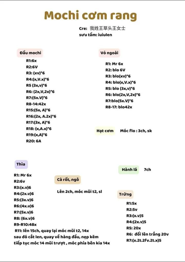 Hướng dẫn móc len Mochi cơm rang - Chart chi tiết từng phần