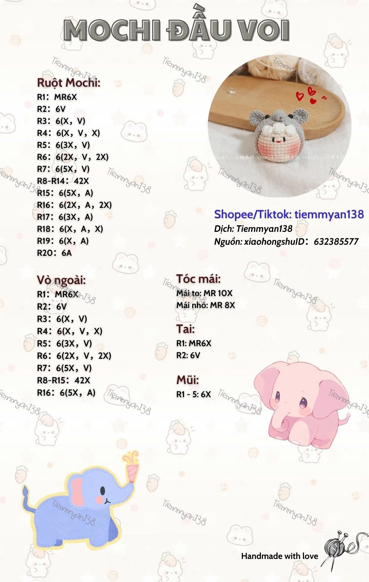 Hướng dẫn móc len Mochi Đầu Voi dễ thương