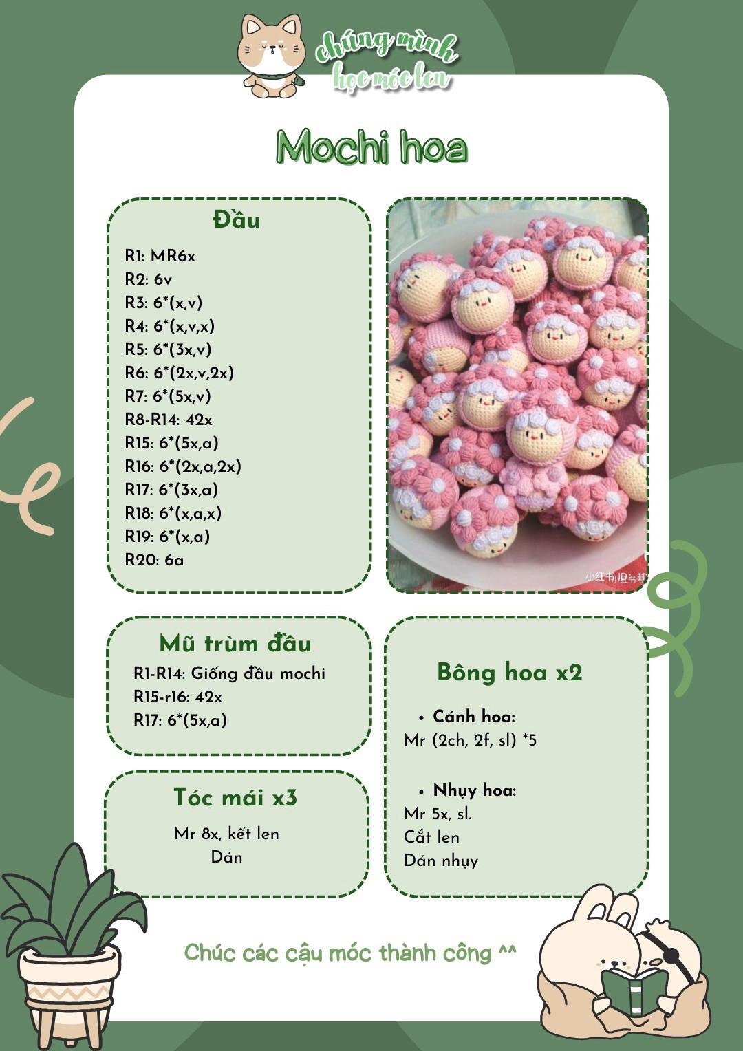 Hướng dẫn móc len Mochi hoa dễ thương màu hồng