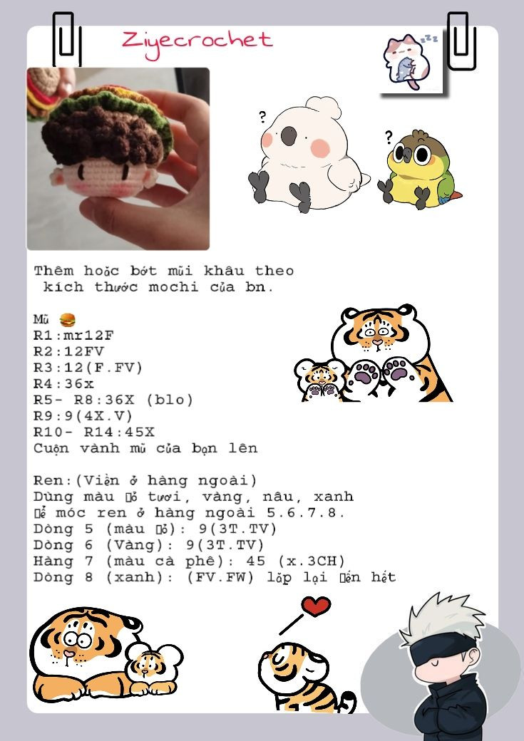 Hướng dẫn móc len mũ burger mochi cute