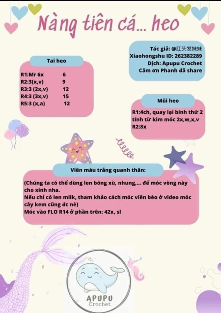 Hướng dẫn móc len Nàng tiên cá heo màu hồng dễ thương