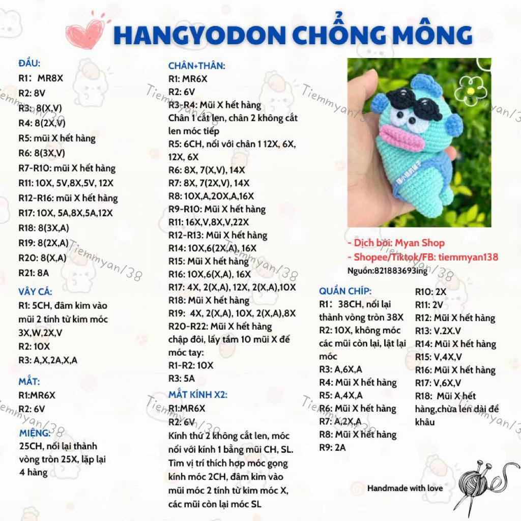 Hướng dẫn móc len nhân vật Hangyodon Chổng Mông Sanrio