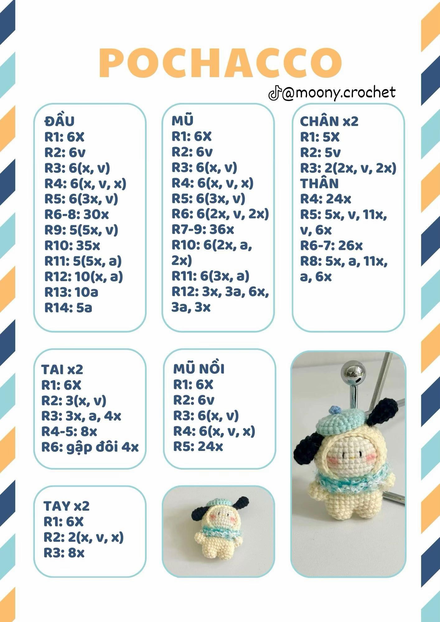 Hướng dẫn móc len nhân vật Pochacco màu kem và xanh