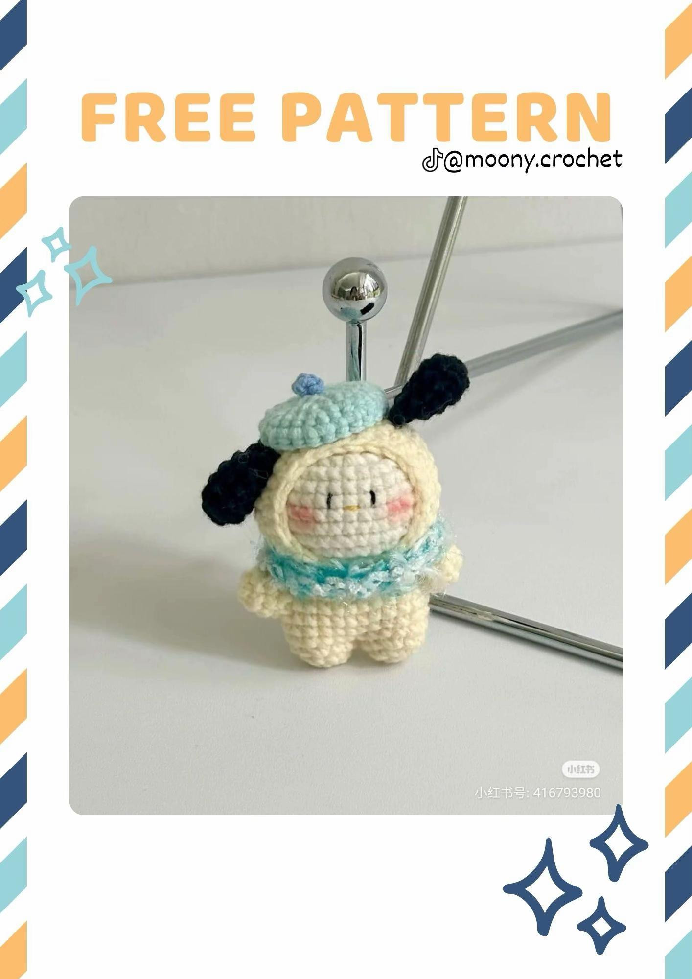 Hướng dẫn móc len nhân vật Pochacco màu kem và xanh