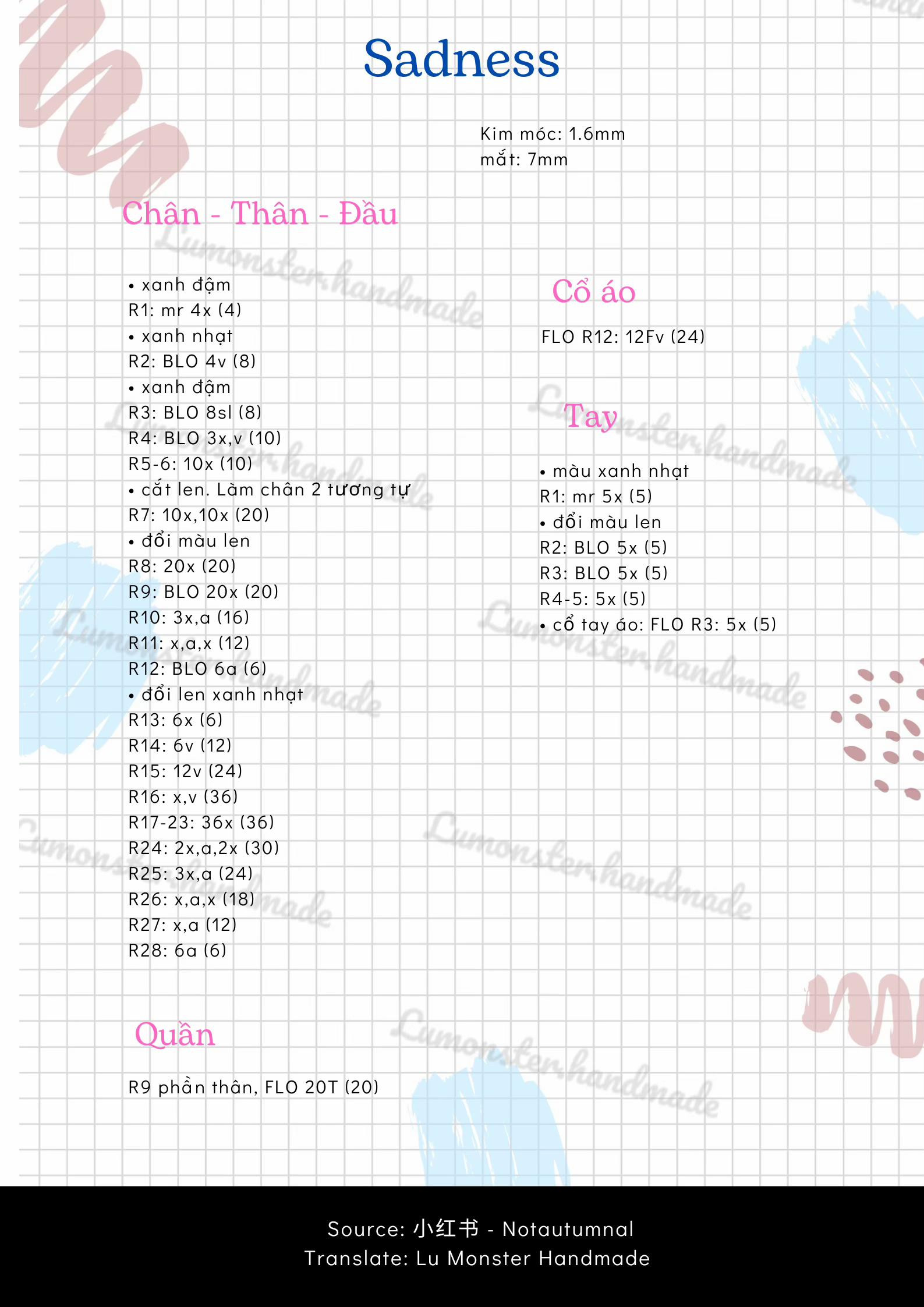 Hướng dẫn móc len nhân vật Sadness (Inside Out) - Chart tiếng Việt
