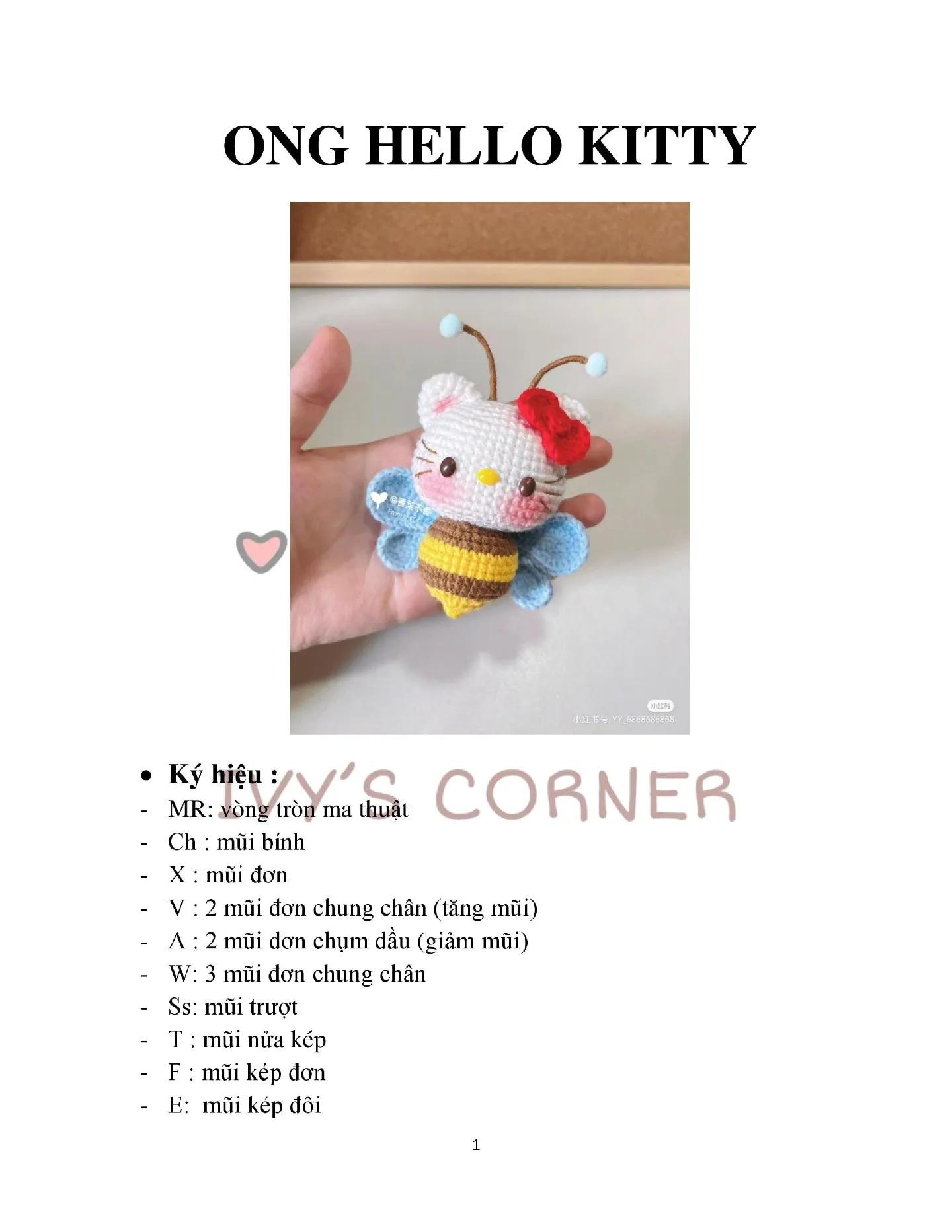 Hướng dẫn móc len Ong Hello Kitty dễ thương, chart chi tiết từng phần