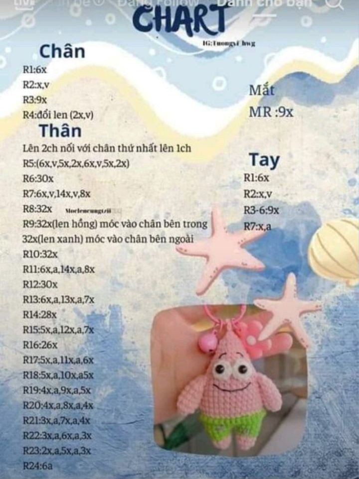 Hướng dẫn móc len Patrick Star, búp bê cá ngựa màu hồng