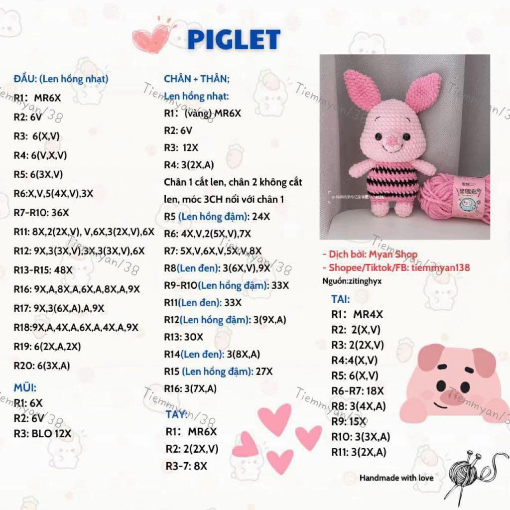 Hướng dẫn móc len Piglet - Búp bê heo hồng dễ thương