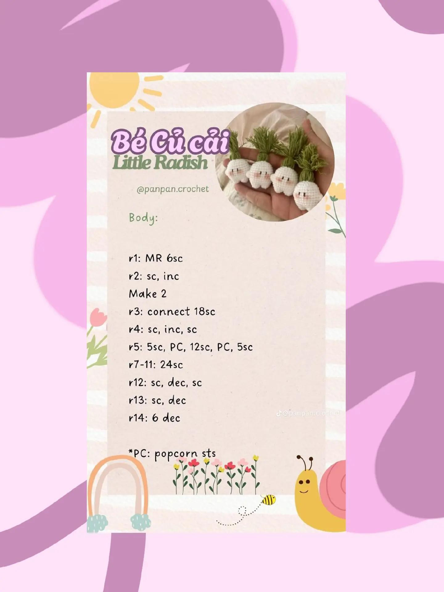 Hướng dẫn móc len: Pudding Puppy, Tulip Keychain, Búp bê hoa khóc và Củ cải