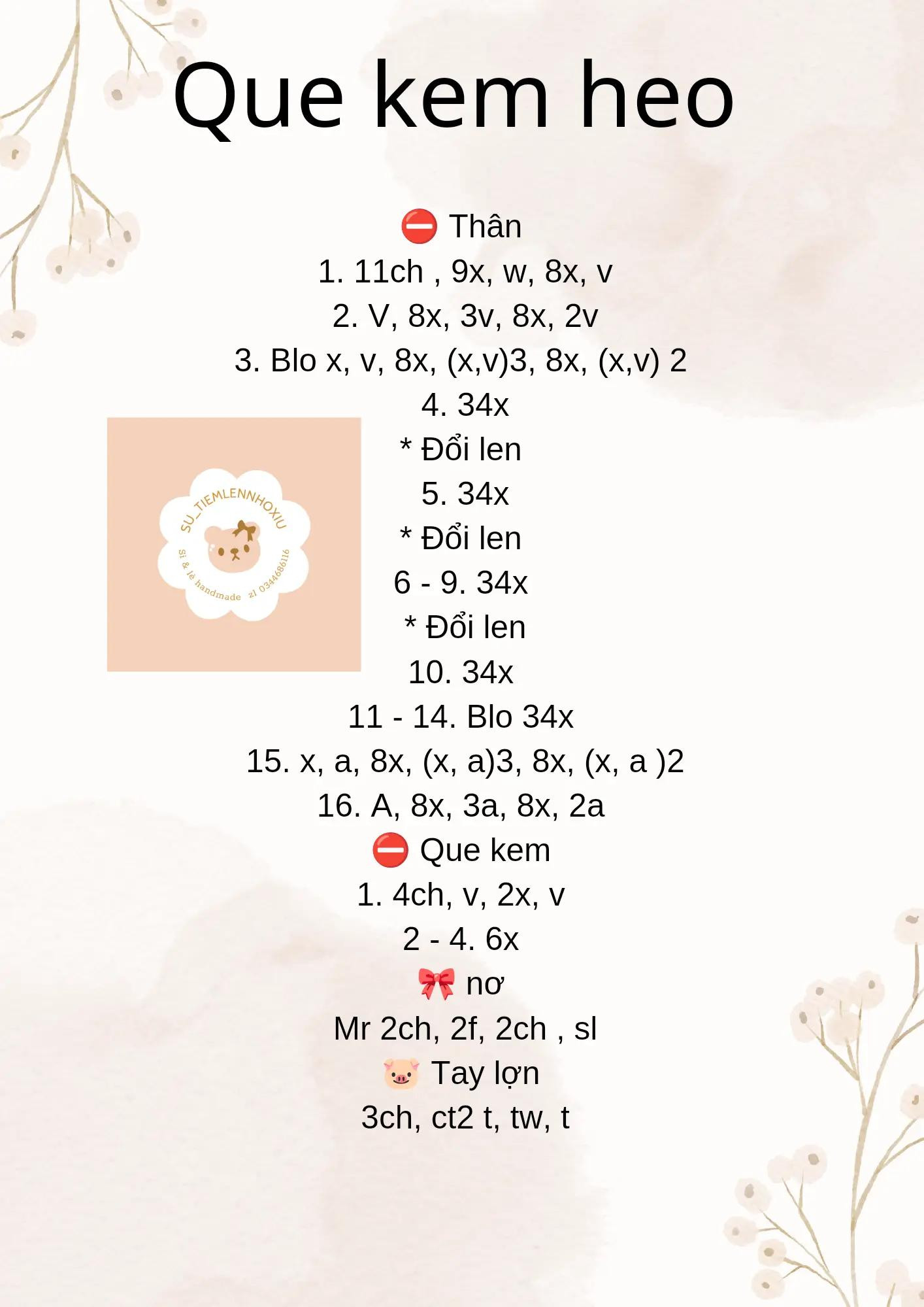 Hướng dẫn móc len que kem heo dễ thương, bảng chart chi tiết từng hàng