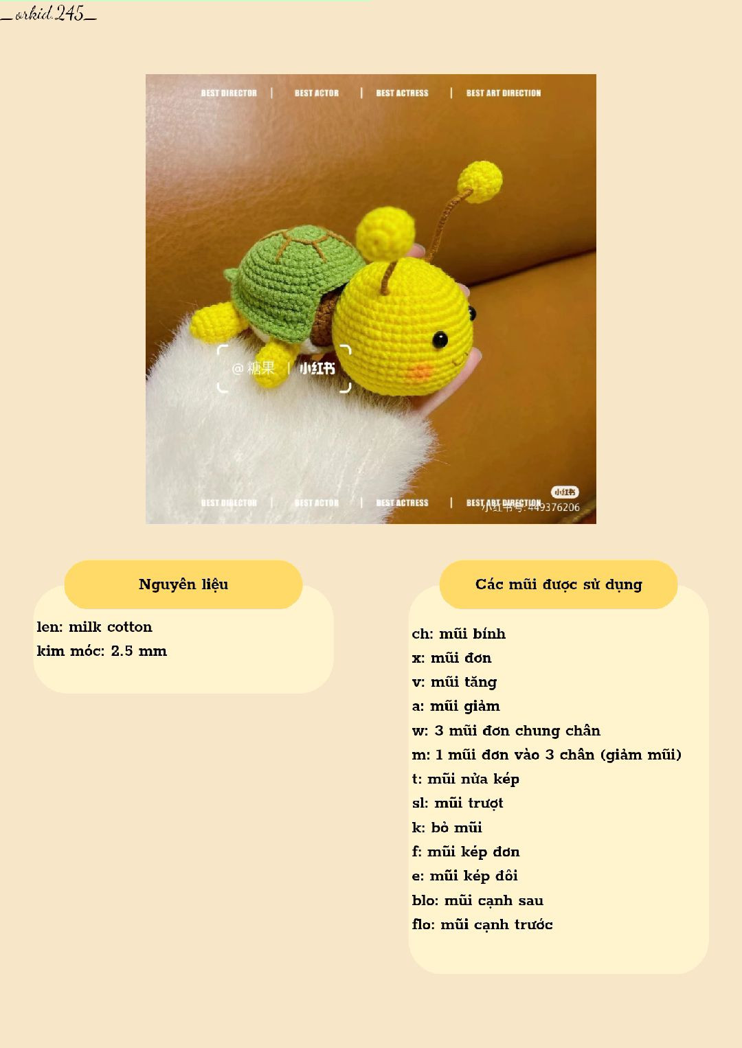 Hướng dẫn móc len rùa và ong mật dễ thương, bảng chỉ dẫn chi tiết từng phần