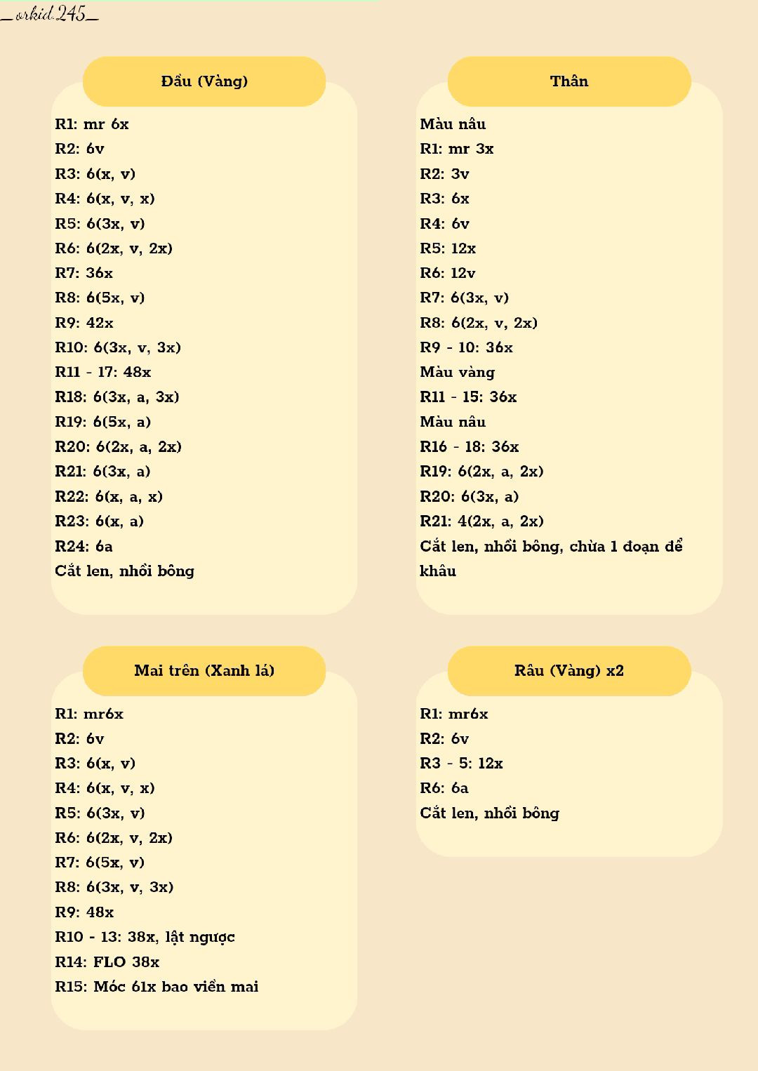 Hướng dẫn móc len rùa và ong mật dễ thương, bảng chỉ dẫn chi tiết từng phần