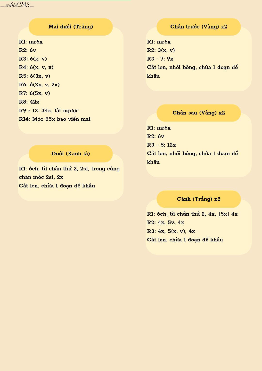 Hướng dẫn móc len rùa và ong mật dễ thương, bảng chỉ dẫn chi tiết từng phần