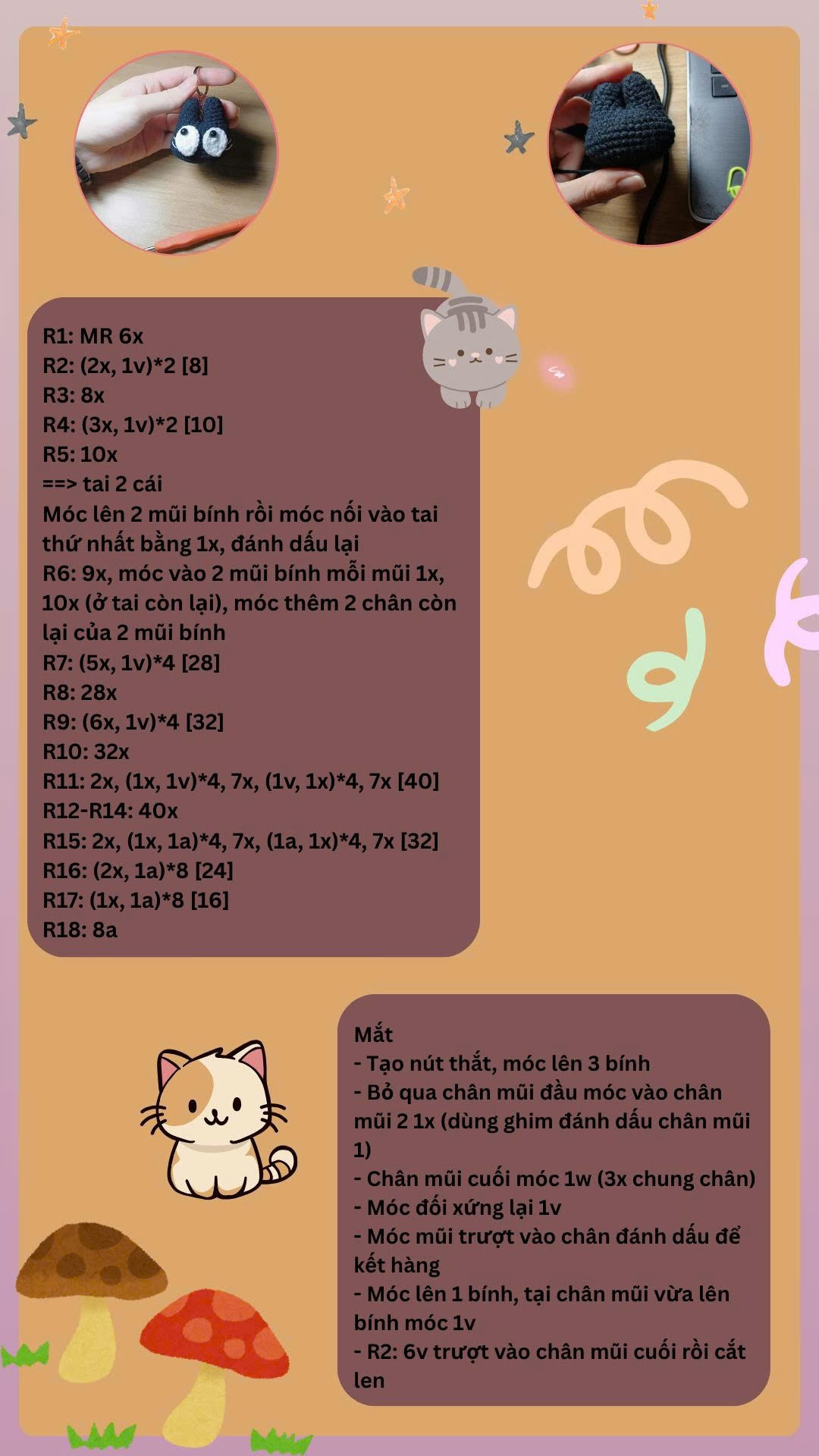 Hướng dẫn móc len tai mèo đen trắng dễ thương