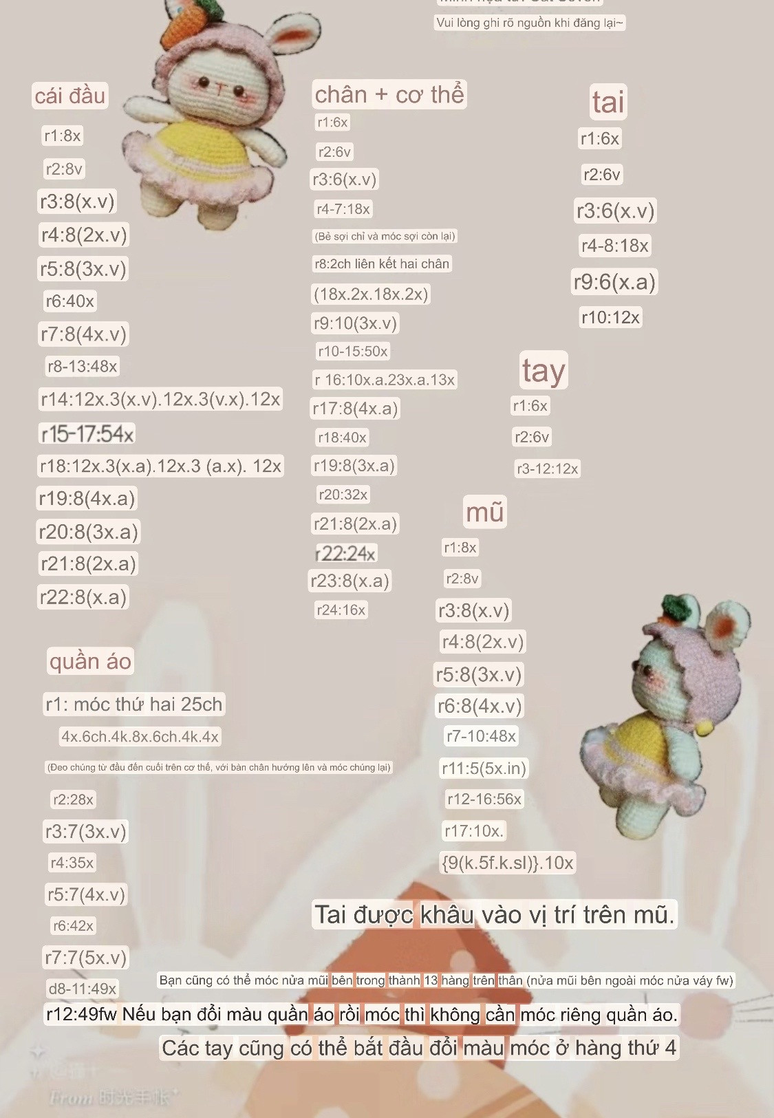 Hướng dẫn móc len thỏ amigurumi mặc váy vàng