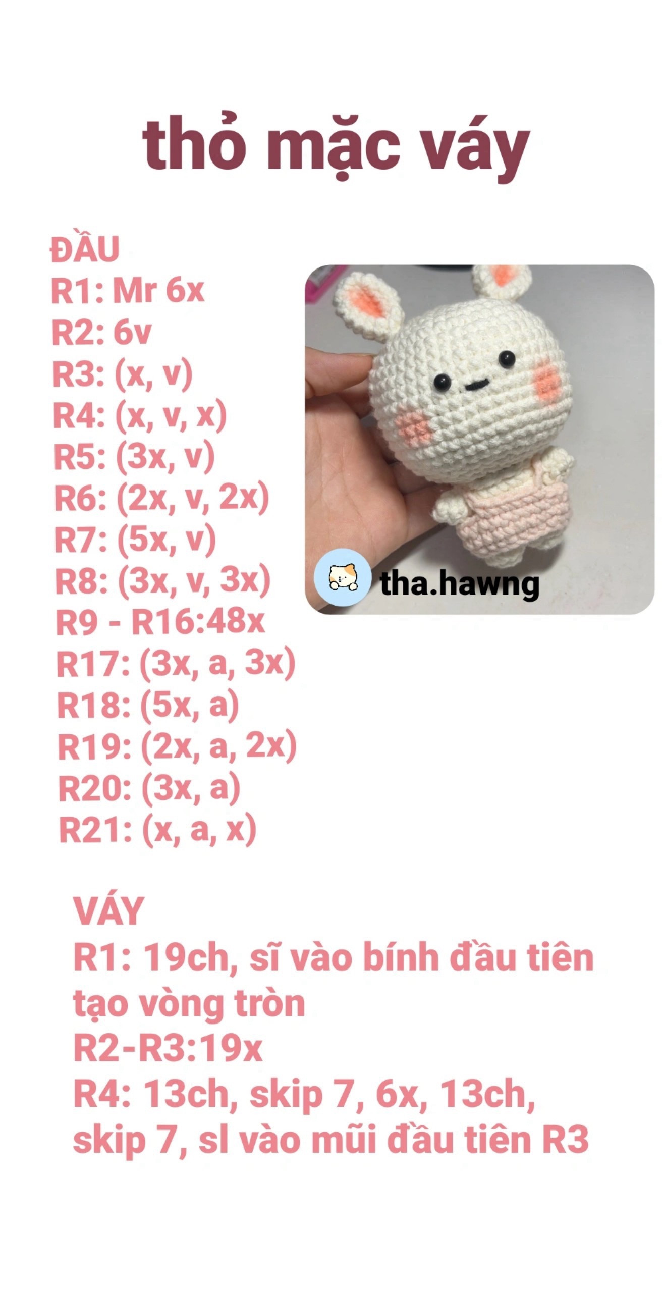 Hướng dẫn móc len thỏ mặc váy trắng hồng dễ thương