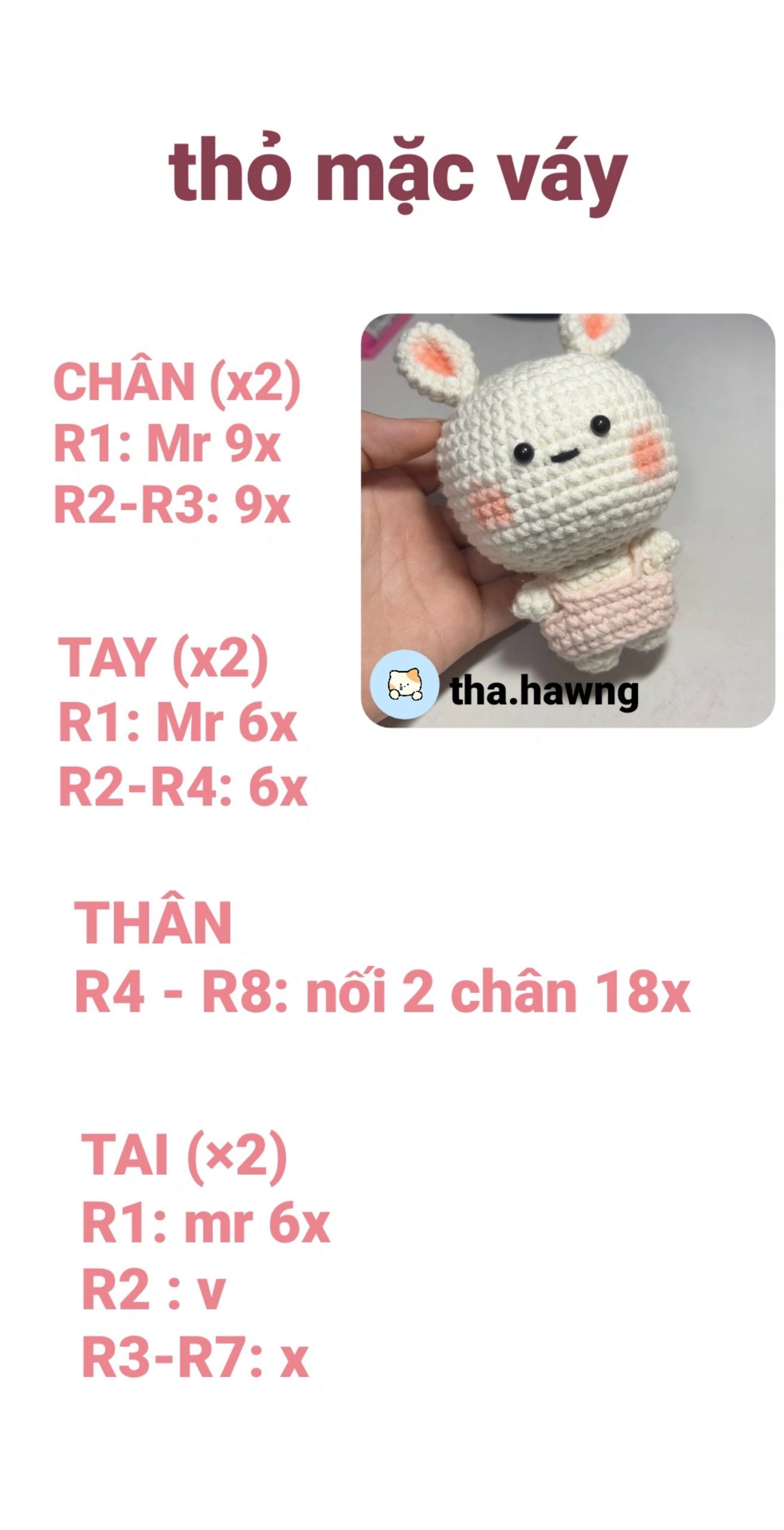 Hướng dẫn móc len thỏ mặc váy trắng hồng dễ thương