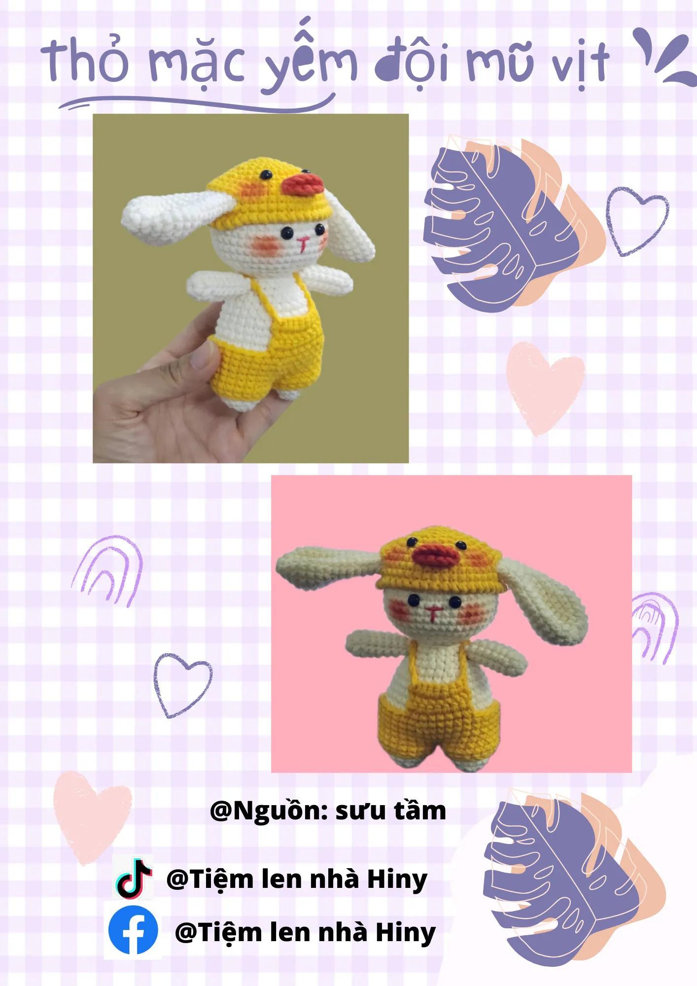 Hướng dẫn móc len thỏ mặc yếm đội mũ vịt màu vàng và trắng dễ thương