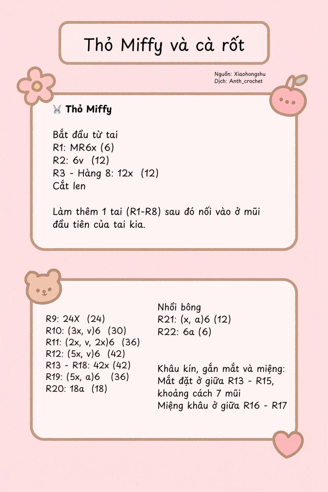 Hướng dẫn móc len Thỏ Miffy và cà rốt dễ thương