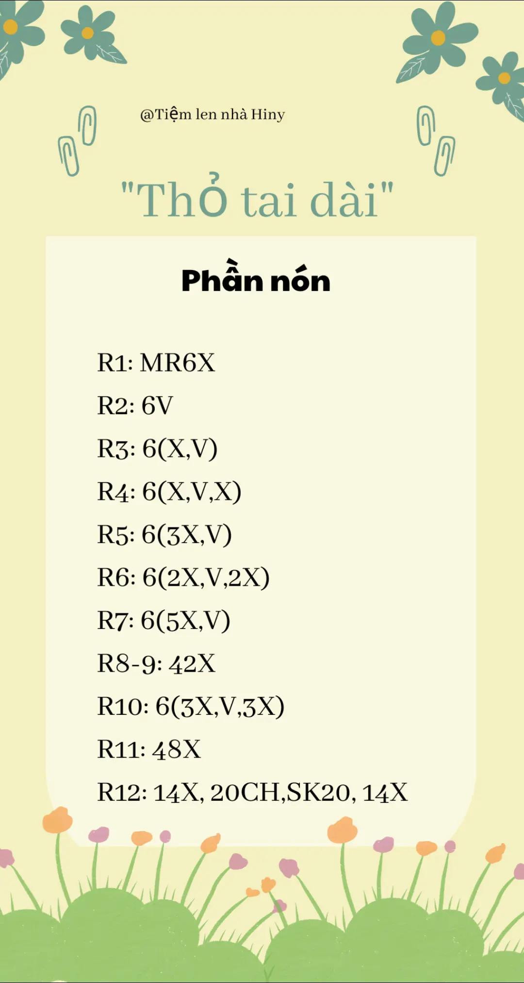 Hướng dẫn móc len Thỏ tai dài: Chart chi tiết phần nón, tai, chân, thân và đầu