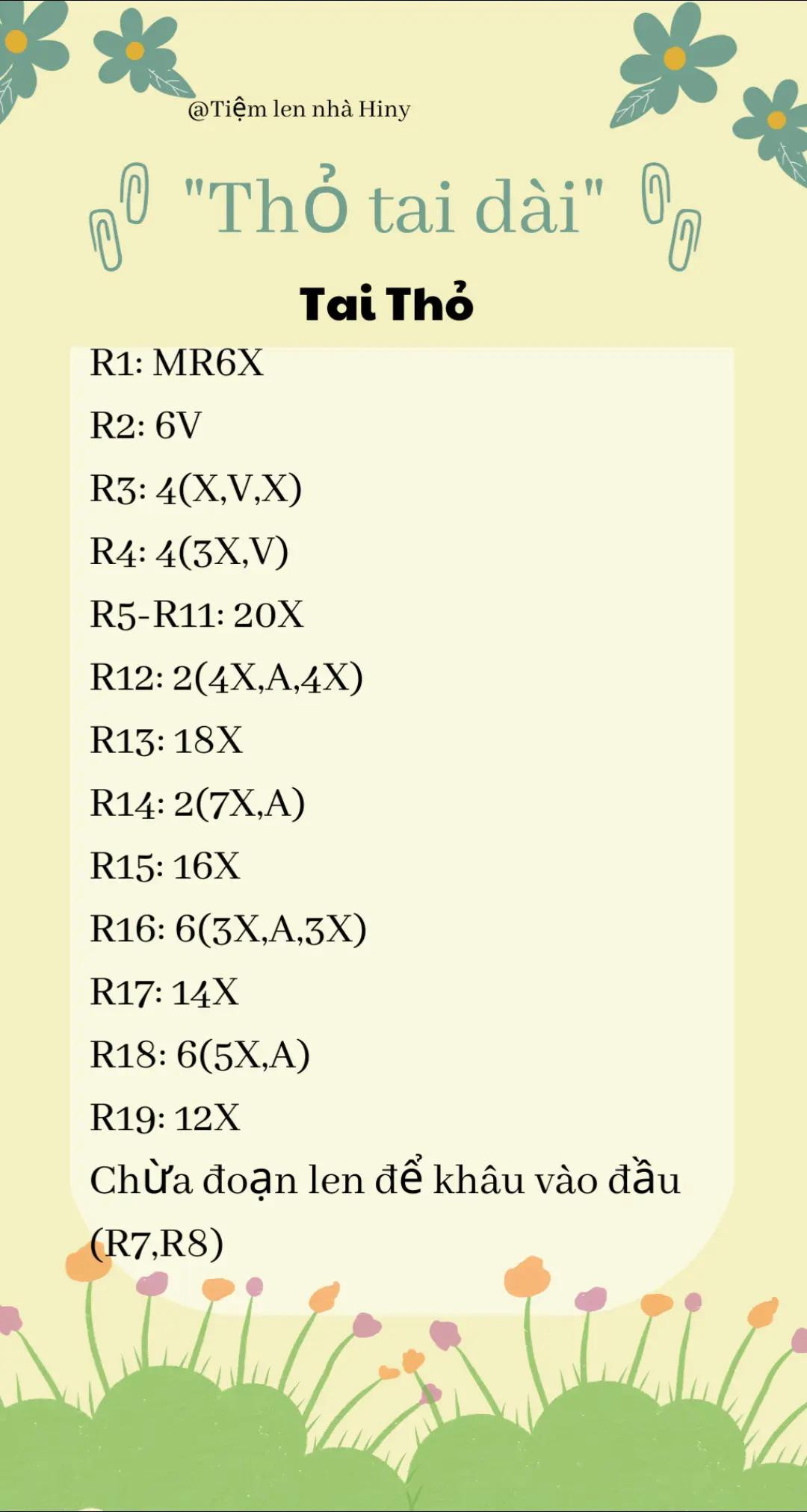 Hướng dẫn móc len Thỏ tai dài: Chart chi tiết phần nón, tai, chân, thân và đầu