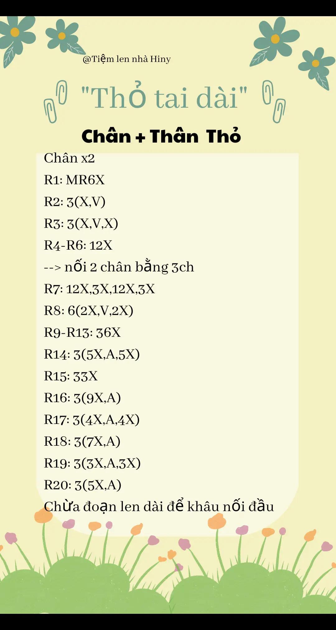 Hướng dẫn móc len Thỏ tai dài: Chart chi tiết phần nón, tai, chân, thân và đầu