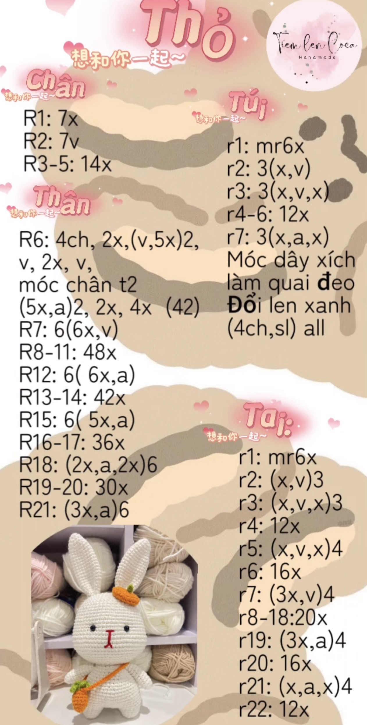 Hướng dẫn móc len Thỏ trắng dễ thương đeo túi cà rốt