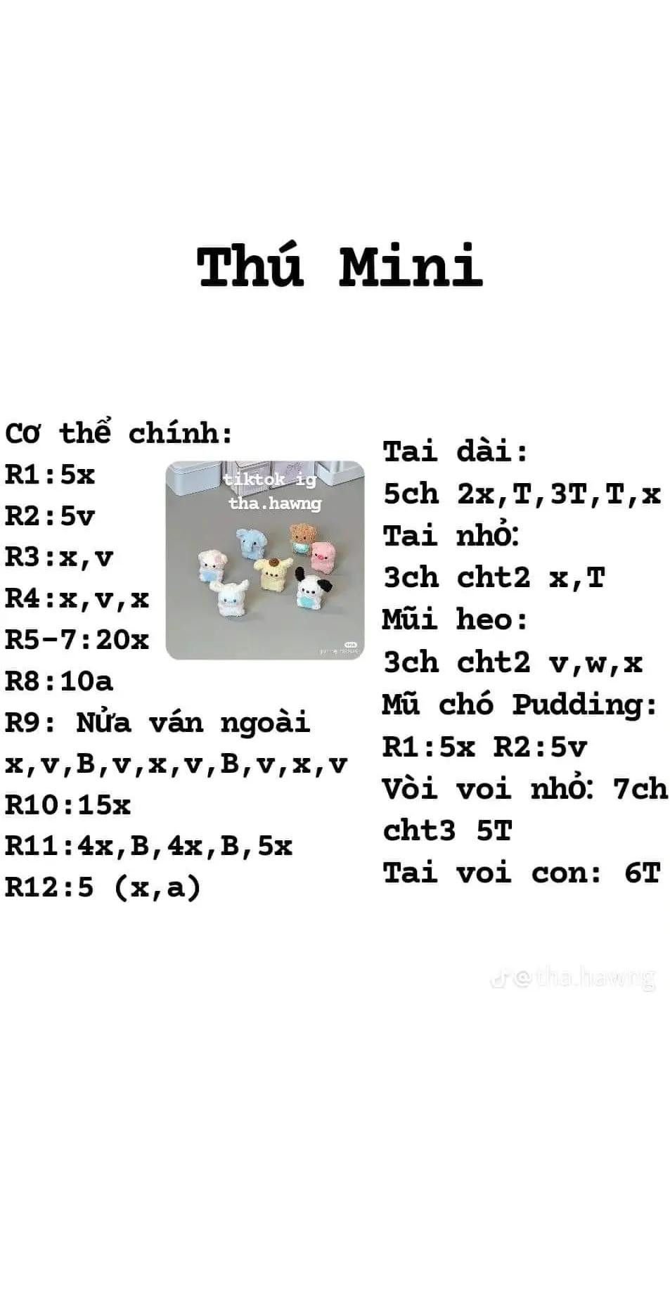 Hướng dẫn móc len Thú Mini và Mochi Mini dạng trái cây dễ thương, bao gồm các mẫu voi, gấu, heo, chó Pudding và mận, dâu, cam