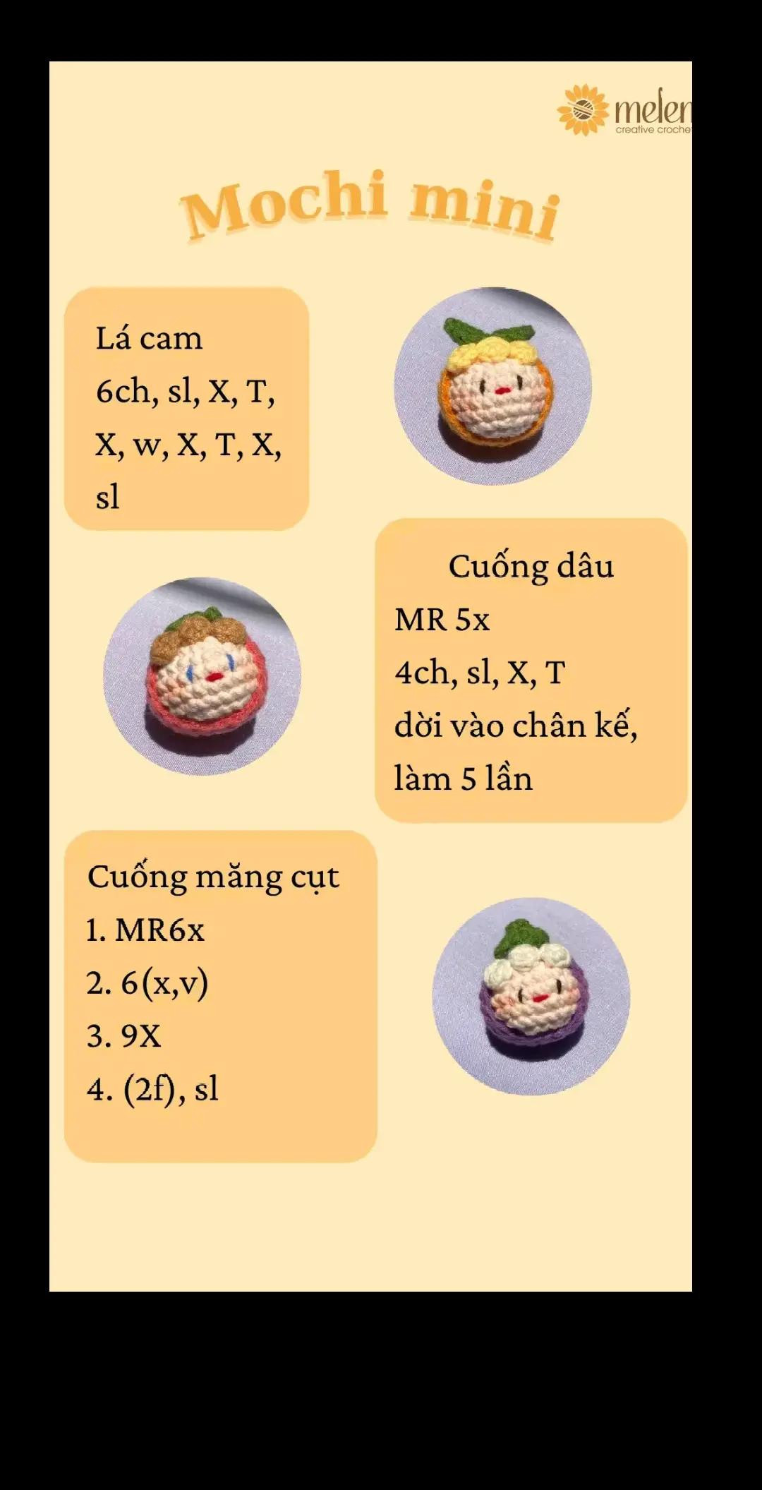 Hướng dẫn móc len Thú Mini và Mochi Mini dạng trái cây dễ thương, bao gồm các mẫu voi, gấu, heo, chó Pudding và mận, dâu, cam