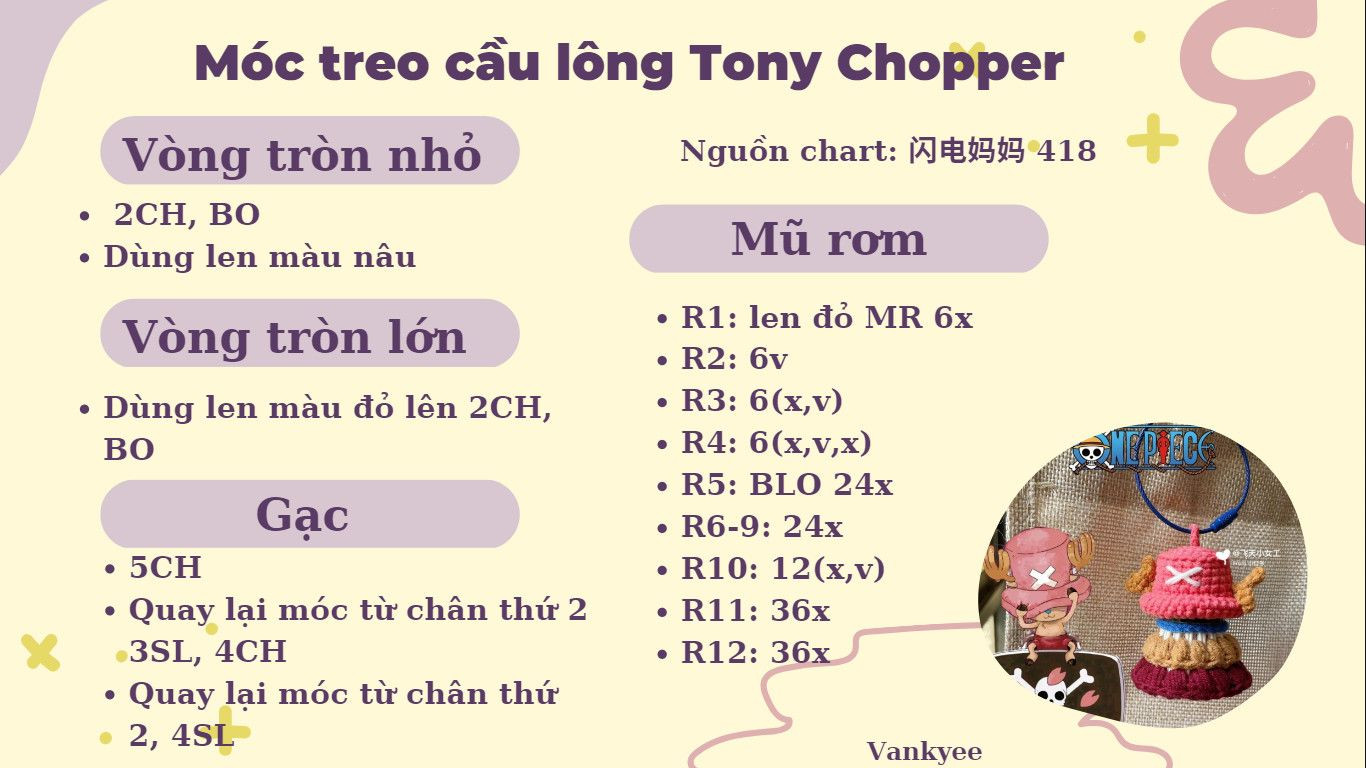 Hướng dẫn móc len treo cầu lông nhân vật One Piece: Tony Chopper và Luffy