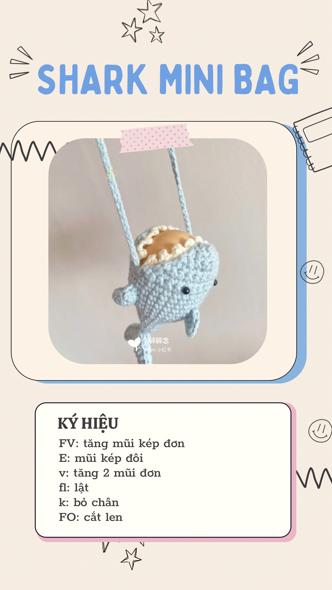 Hướng dẫn móc len túi cá mập mini xanh dễ thương