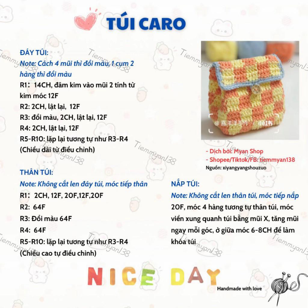 Hướng dẫn móc len túi caro nhỏ xinh nhiều màu sắc