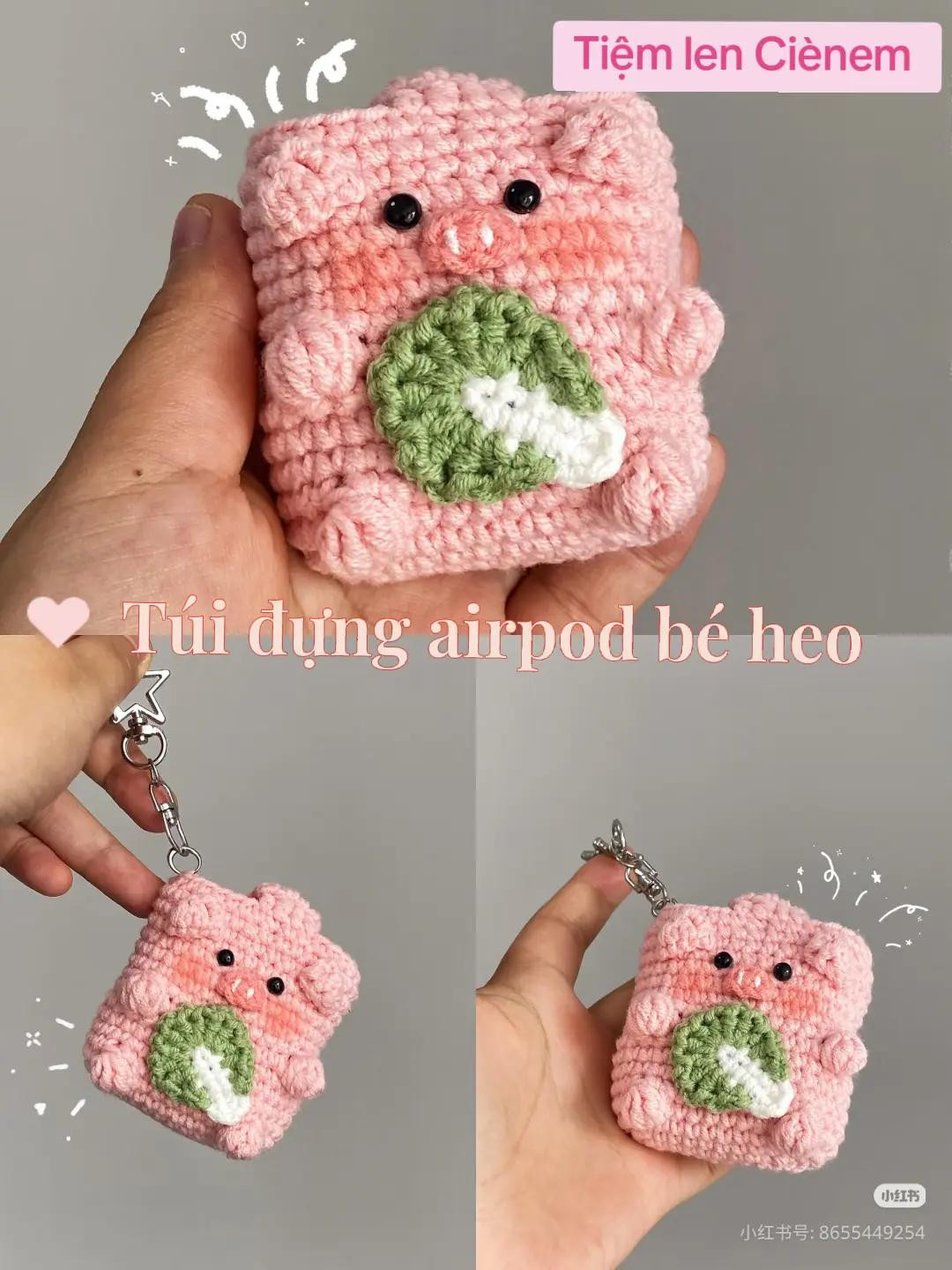 Hướng dẫn móc len túi đựng airpod hình bé heo hồng dễ thương