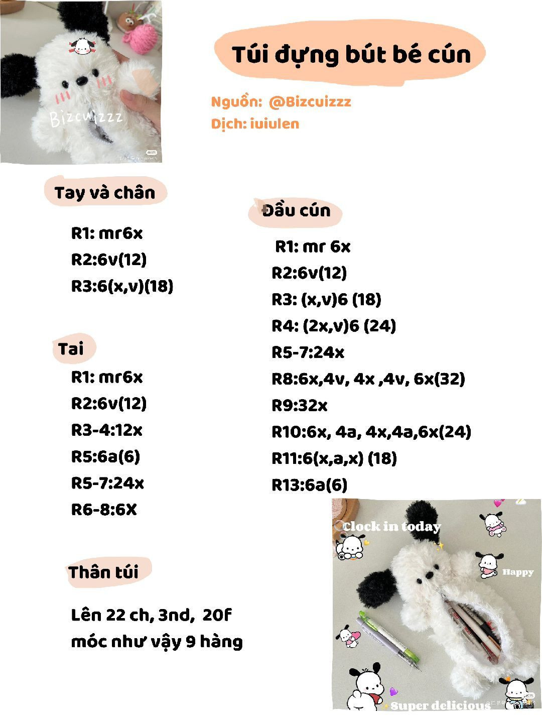 Hướng dẫn móc len túi đựng bút hình bé cún trắng đen dễ thương