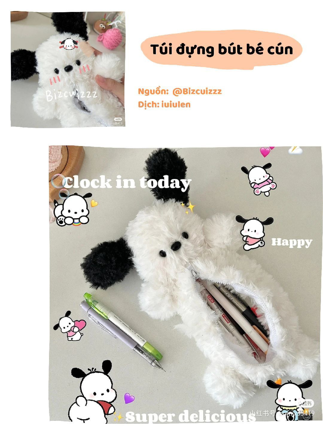 Hướng dẫn móc len túi đựng bút hình bé cún trắng đen dễ thương