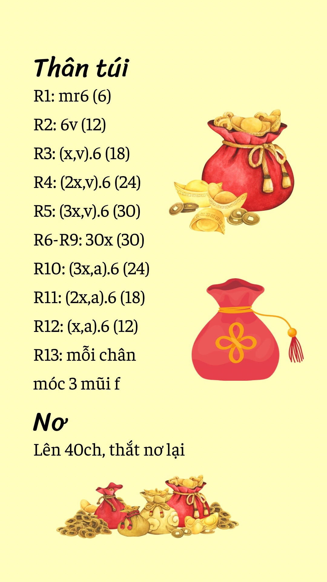 Hướng dẫn móc len túi may mắn đỏ vàng