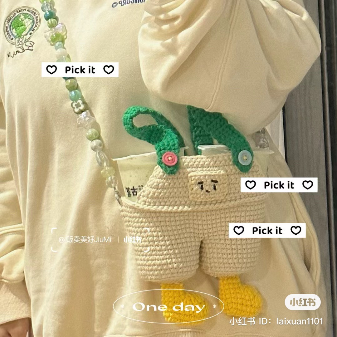 Hướng dẫn móc len túi quần yếm màu kem xanh lá