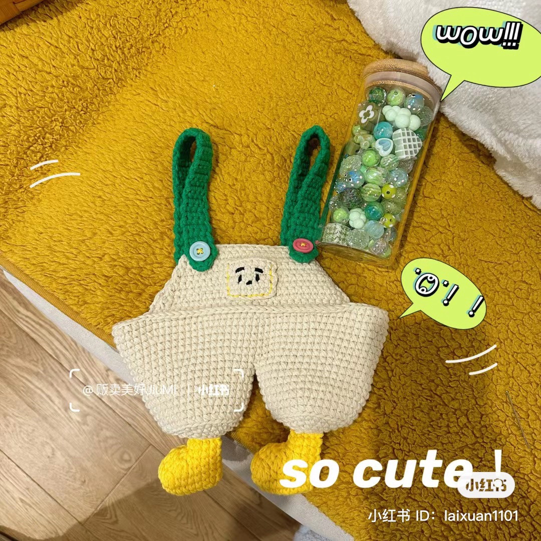 Hướng dẫn móc len túi quần yếm màu kem xanh lá