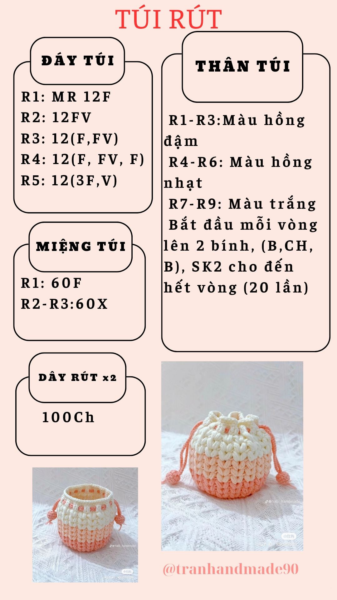 Hướng dẫn móc len túi rút hình tròn màu hồng và trắng