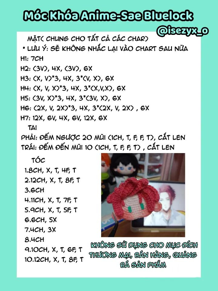Hướng dẫn móc len và dán tóc nhân vật Sae Itoshi từ anime Blue Lock