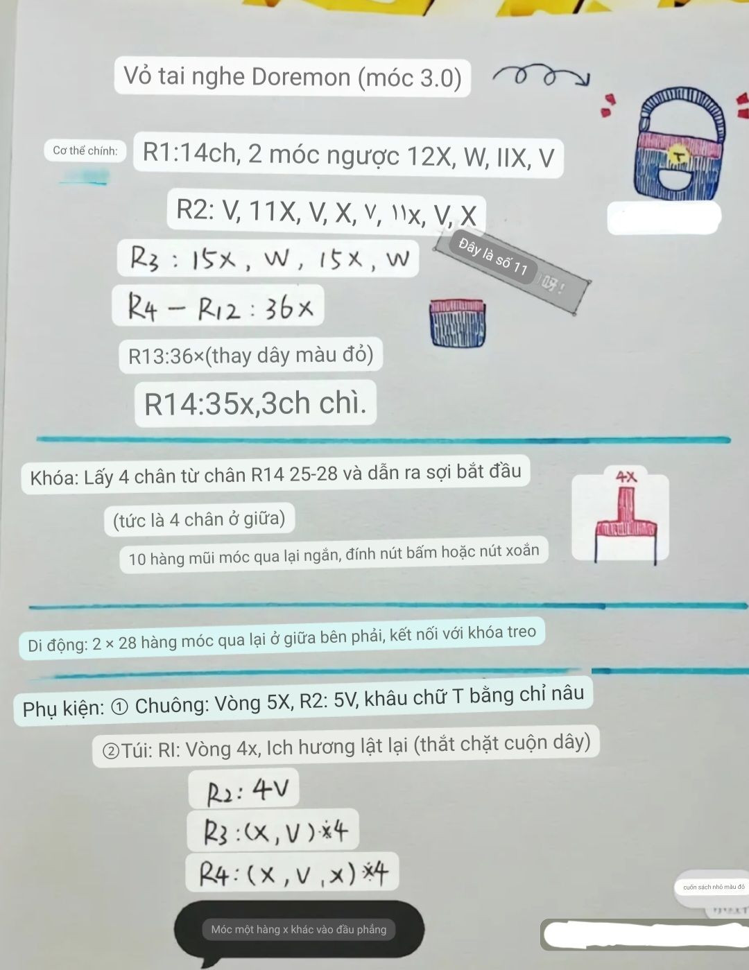 Hướng dẫn móc len ví tai nghe Doremon màu xanh đỏ